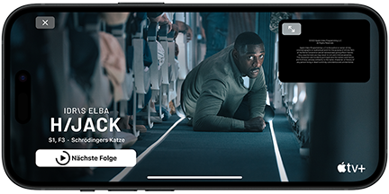 Ein iPhone 15, auf dem gerade die Apple TV+ Serie Hijack läuft